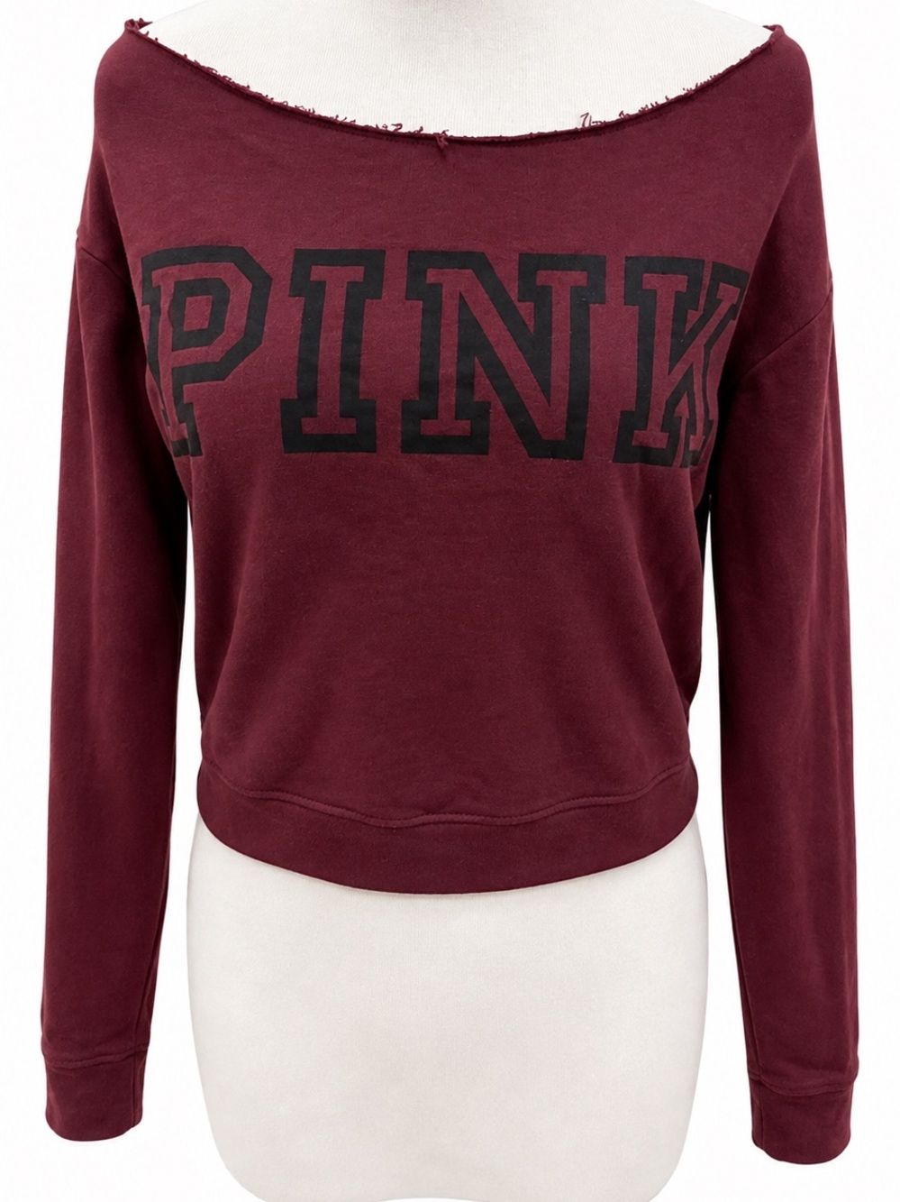 PINK Victoria's Secret Raw-Edge Off-Shoulder Cropped Sweatshirt Burgundy Small